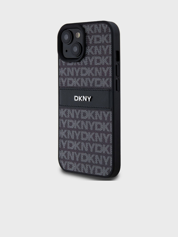 DKNY Заден капак от полиуретанова кожа с повтарящ се десен с тонални ивици за iPhone 15 Black DKNY