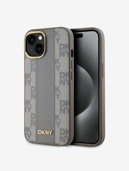 DKNY PU Кожа с кариран модел Magsafe заден капак за iPhone 15 Max Pro Beige DKNY