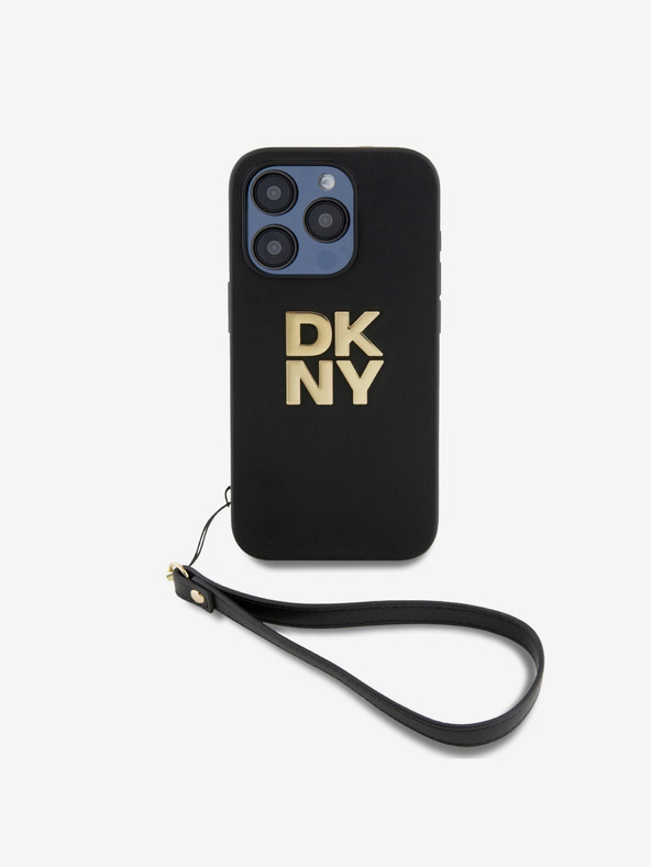 DKNY PU Leather Stack Logo Wrist Strap Back Cover за iPhone 14 Pro Black DKNY