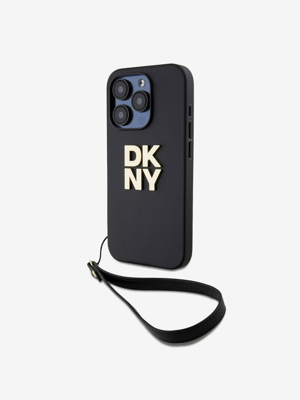 DKNY PU Leather Stack Logo Wrist Strap Back Cover за iPhone 14 Pro Black DKNY