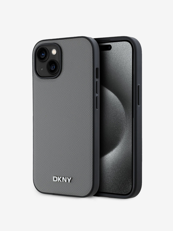 DKNY PU Leather Silver Metal Logo Magsafe Back Cover за iPhone 15 Grey DKNY