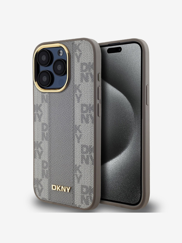 DKNY PU кожа с кариран модел Magsafe заден капак за iPhone 15 Pro бежов DKNY