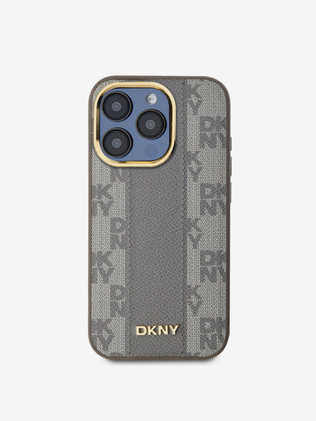 DKNY PU кожа с кариран модел Magsafe заден капак за iPhone 15 Pro бежов DKNY