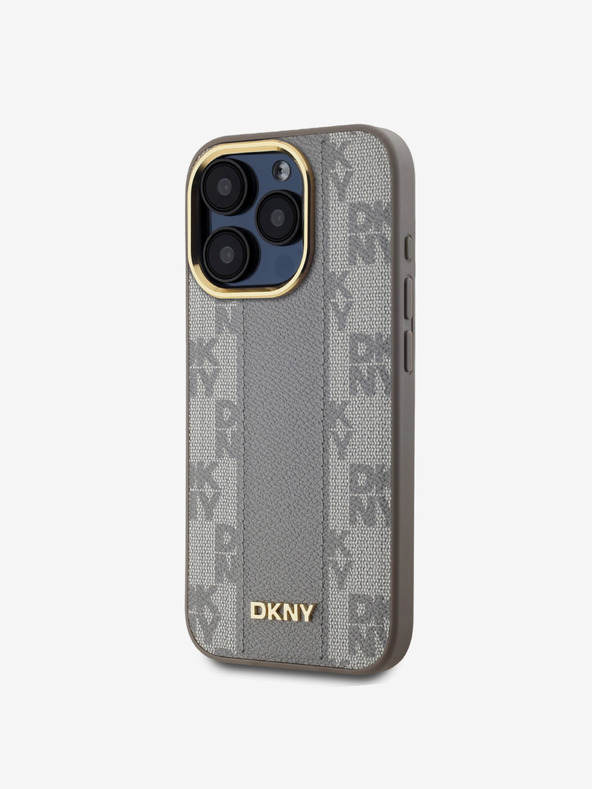 DKNY PU кожа с кариран модел Magsafe заден капак за iPhone 15 Pro бежов DKNY