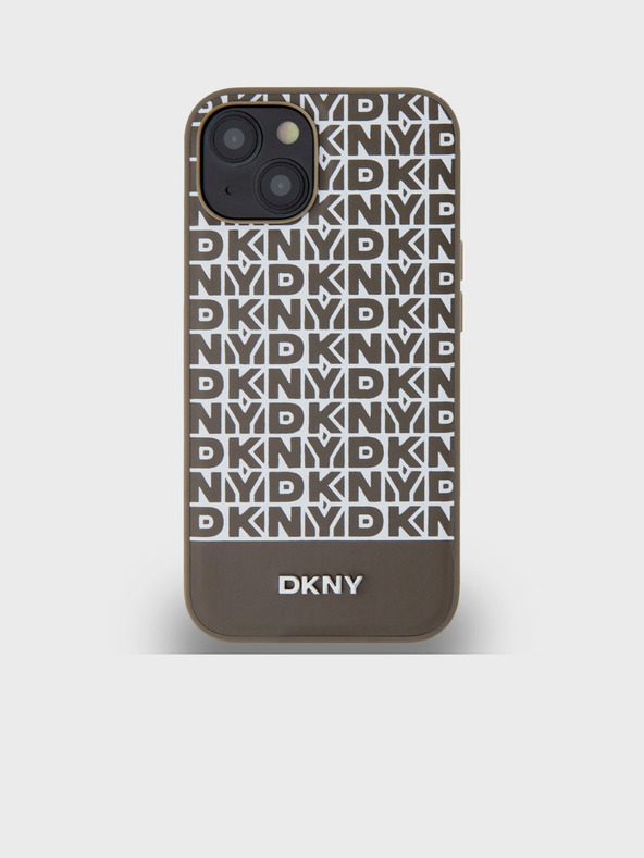 DKNY PU кожа Повтаряща се шарка на долната част на лентата MagSafe заден капак за iPhone 15 кафяв DKNY
