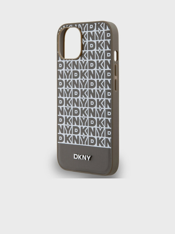 DKNY PU кожа Повтаряща се шарка на долната част на лентата MagSafe заден капак за iPhone 15 кафяв DKNY