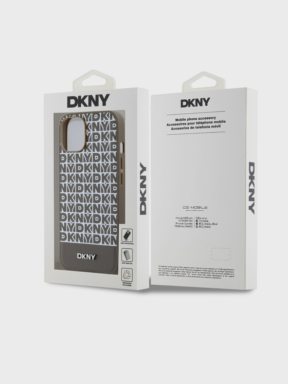 DKNY PU кожа Повтаряща се шарка на долната част на лентата MagSafe заден капак за iPhone 15 кафяв DKNY
