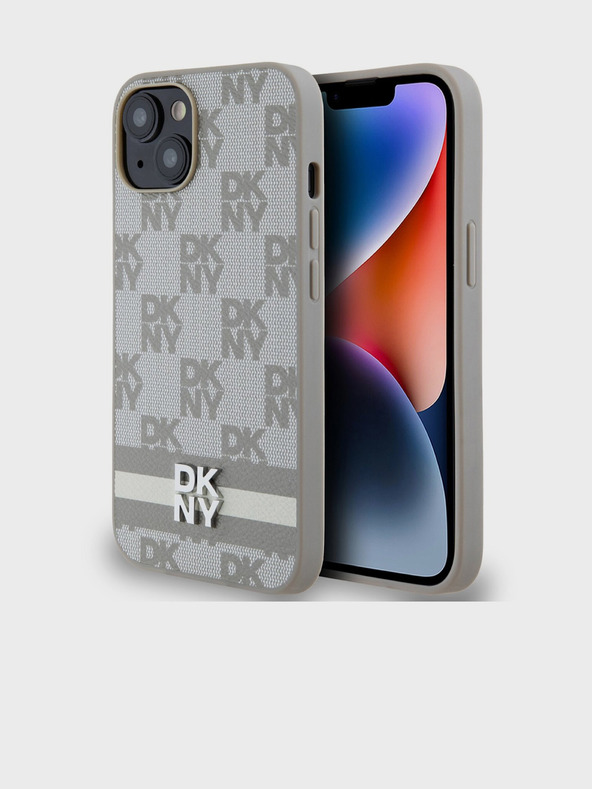 DKNY Заден капак от карирана кожа с шарка и райе за iPhone 15 Beige DKNY