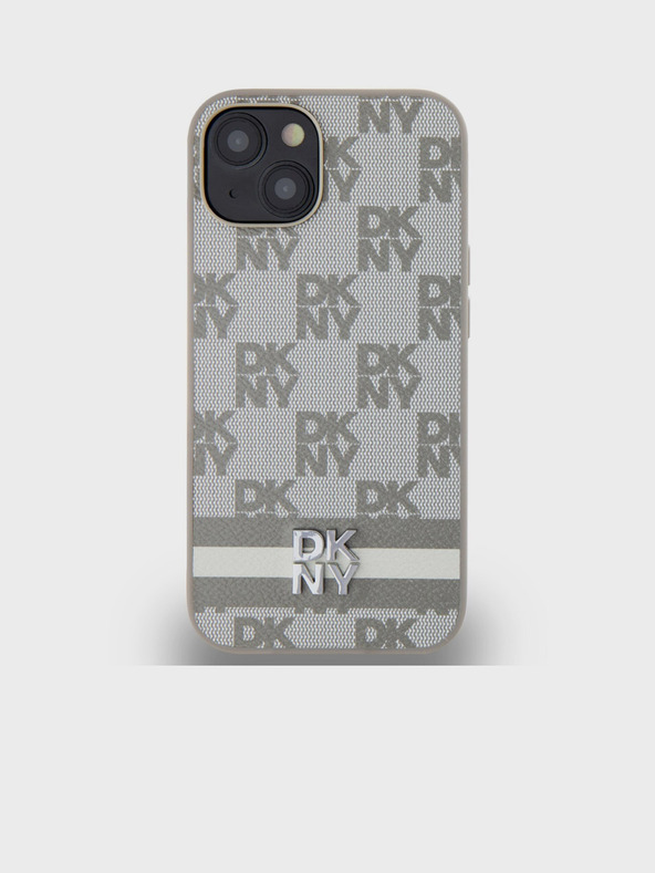 DKNY Заден капак от карирана кожа с шарка и райе за iPhone 15 Beige DKNY