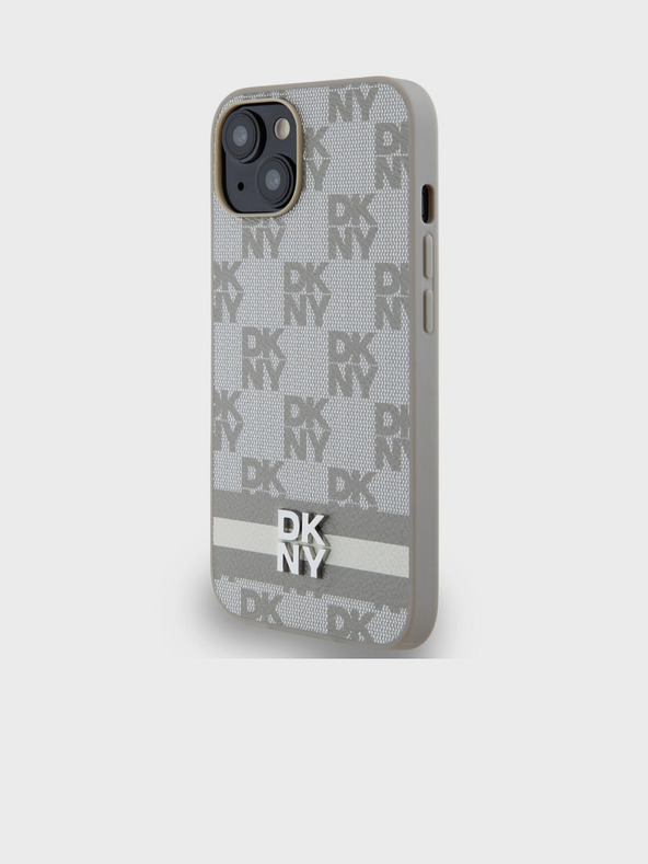 DKNY Заден капак от карирана кожа с шарка и райе за iPhone 15 Beige DKNY