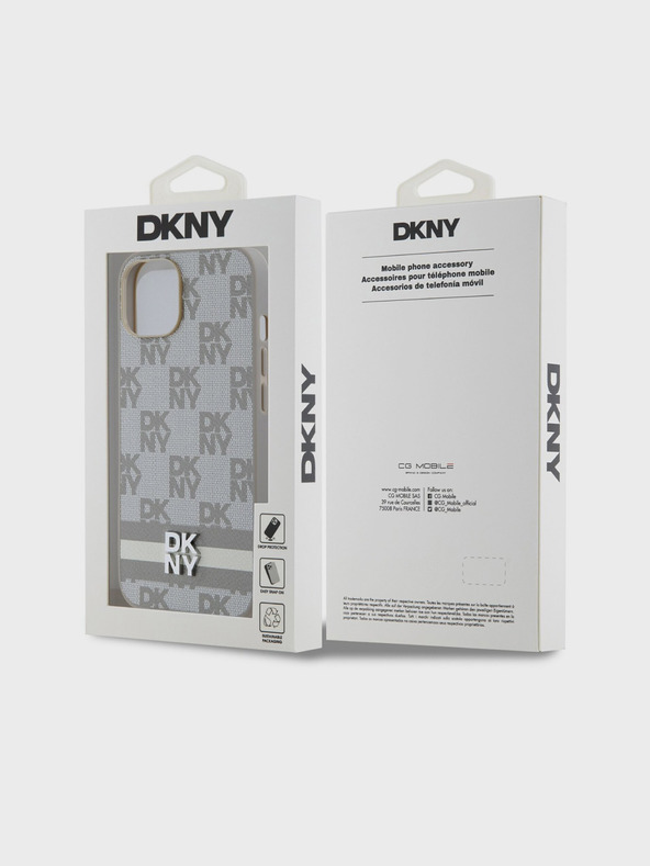 DKNY Заден капак от карирана кожа с шарка и райе за iPhone 15 Beige DKNY