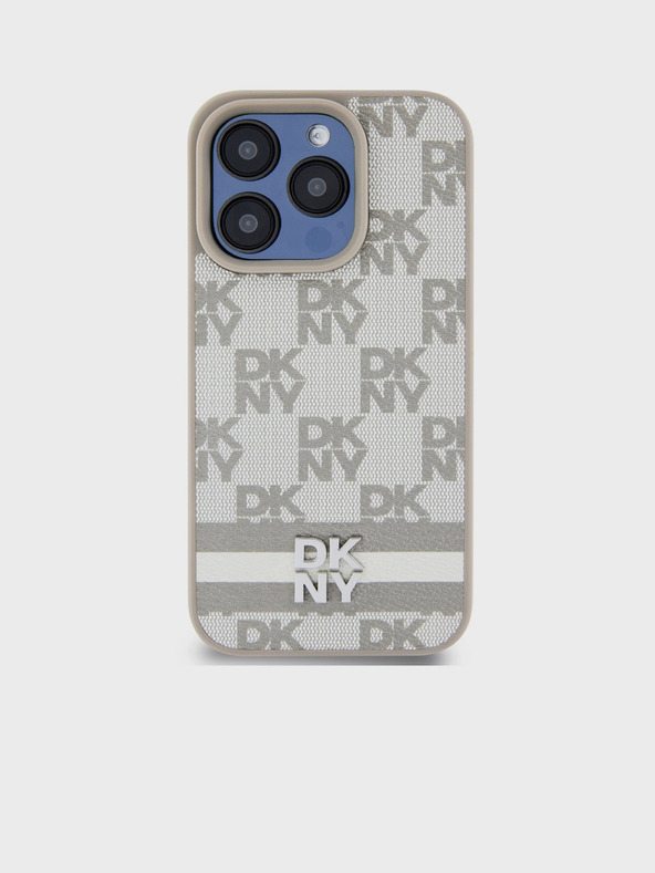 DKNY Заден капак от карирана кожа с шарка и райе за iPhone 15 Pro Beige DKNY