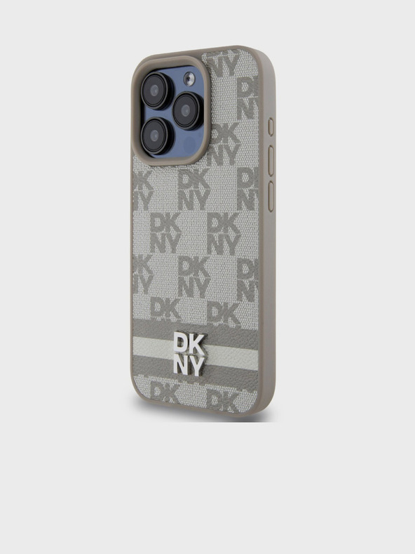 DKNY Заден капак от карирана кожа с шарка и райе за iPhone 15 Pro Beige DKNY