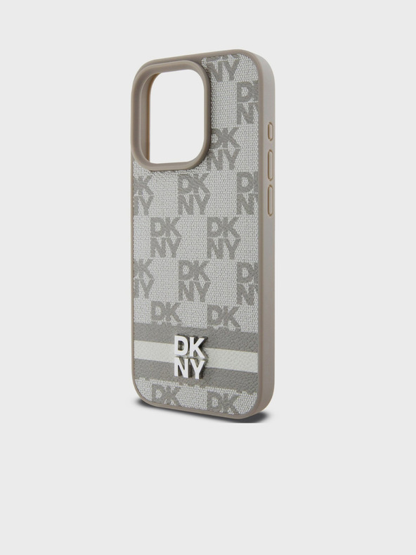 DKNY Заден капак от карирана кожа с шарка и райе за iPhone 15 Pro Beige DKNY