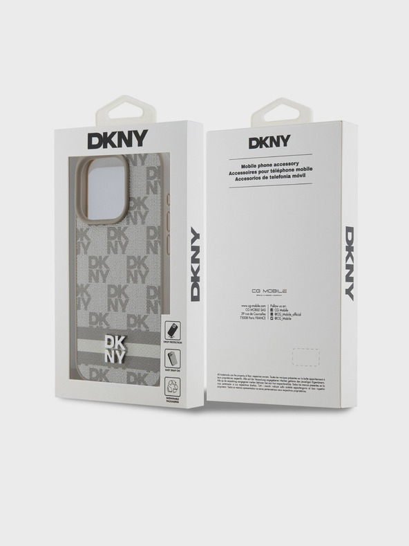 DKNY Заден капак от карирана кожа с шарка и райе за iPhone 15 Pro Beige DKNY