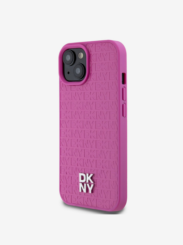 DKNY PU кожа с повтарящ се десен и лого на стека Magsafe заден капак за iPhone 15 Pink DKNY