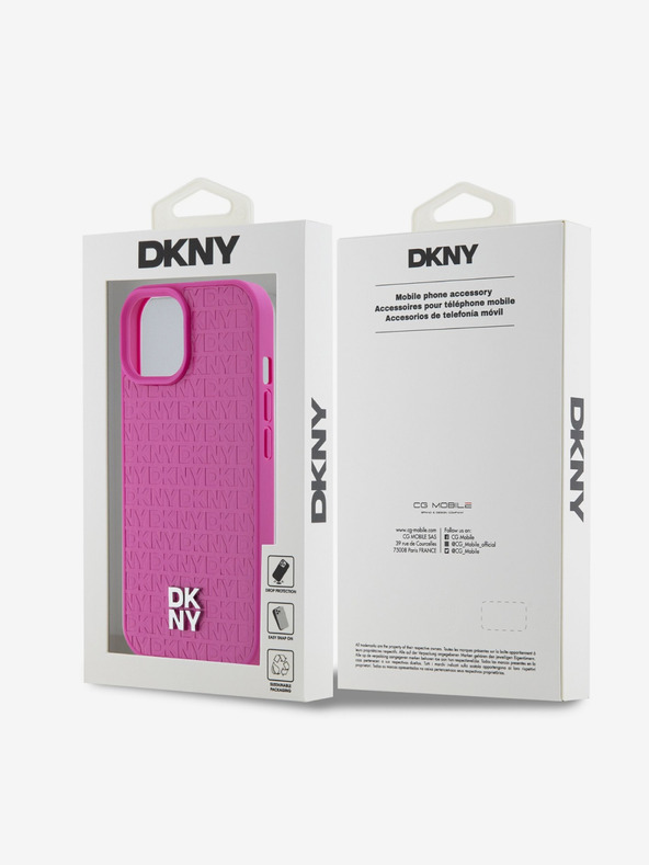 DKNY PU кожа с повтарящ се десен и лого на стека Magsafe заден капак за iPhone 15 Pink DKNY