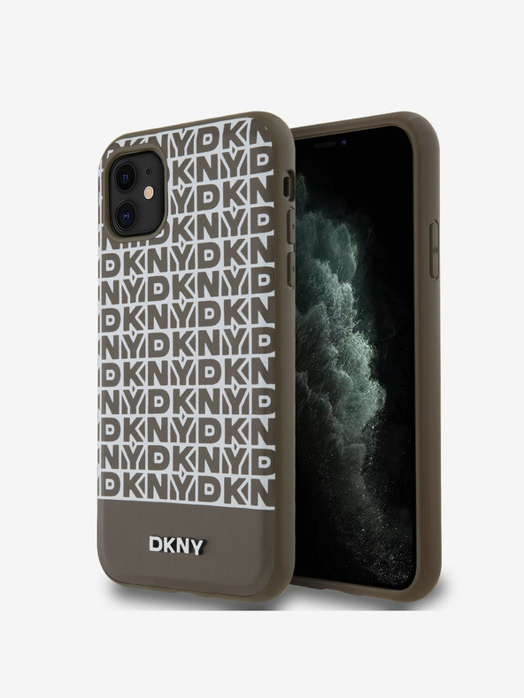 DKNY Заден капак от полиуретанова кожа с повтарящ се модел с долна ивица MagSafe за iPhone 11 кафяв DKNY