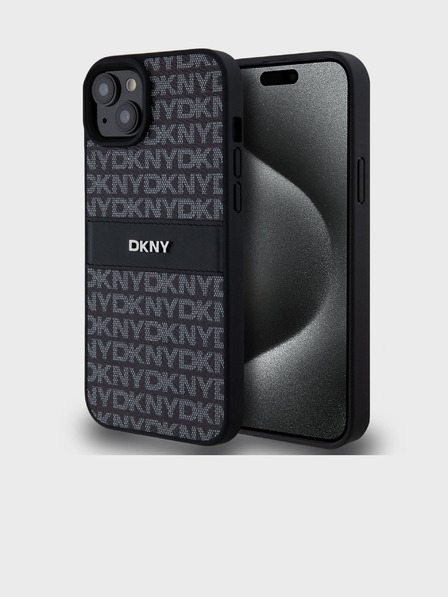 DKNY Заден капак от PU кожа с повтарящ се десен Tonal Stripe за iPhone 15 Plus Black DKNY