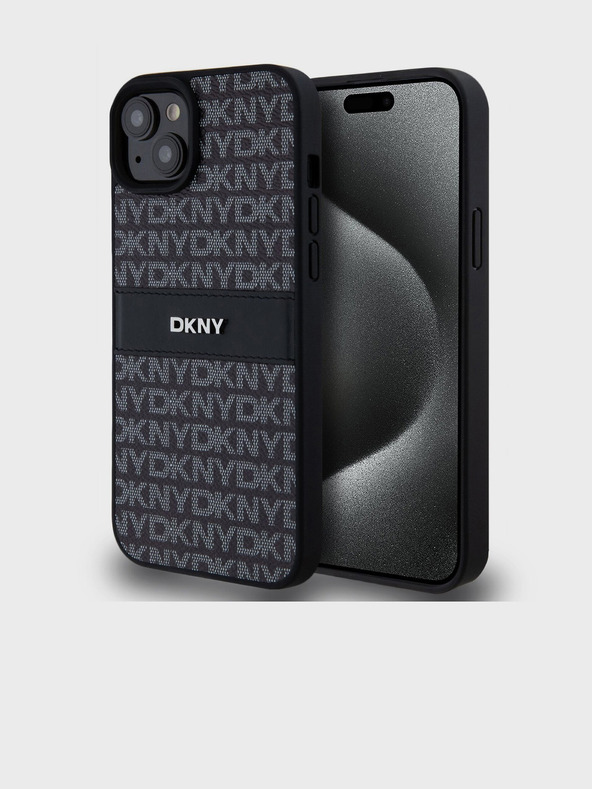 DKNY Заден капак от PU кожа с повтарящ се десен Tonal Stripe за iPhone 15 Plus Black DKNY