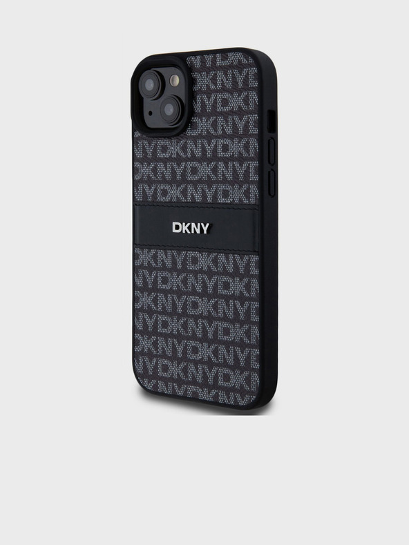 DKNY Заден капак от PU кожа с повтарящ се десен Tonal Stripe за iPhone 15 Plus Black DKNY