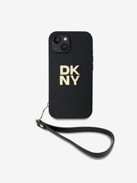 DKNY PU Leather Stack Logo Wrist Strap Back Cover за iPhone 13 Black DKNY