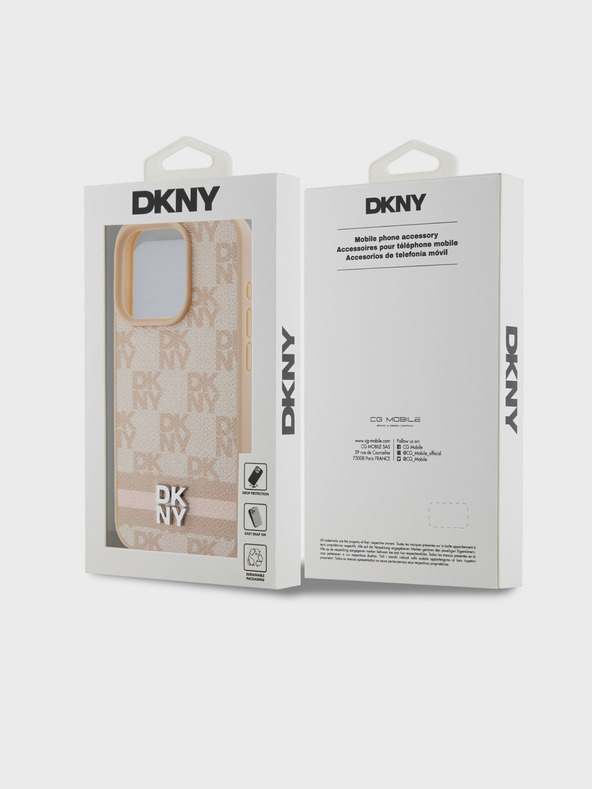 DKNY Заден капак от PU кожа с кариран десен и райе за iPhone 14 Pro Pink DKNY