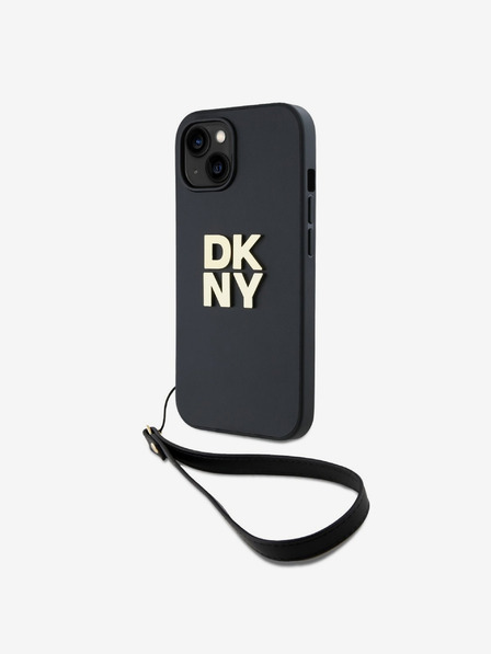DKNY PU Leather Stack Logo Wrist Strap Back Cover за iPhone 14 Black DKNY