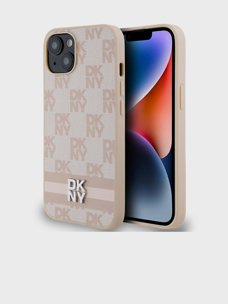 DKNY Заден капак от PU кожа с кариран десен и райе за iPhone 15 Pink DKNY