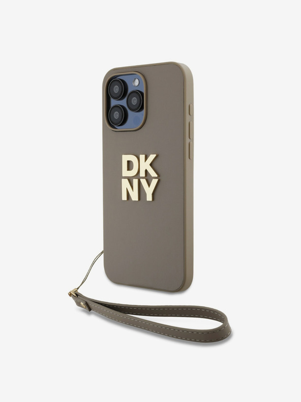 DKNY PU Leather Stack Logo Wrist Strap Back Cover за iPhone 14 Pro Max Beige DKNY