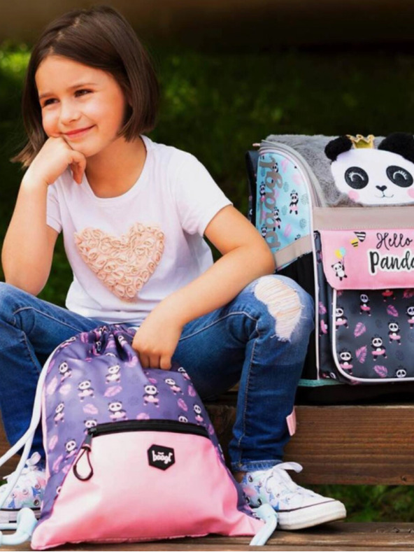 BAAGL  Сива училищна чанта с джоб панда Baagl