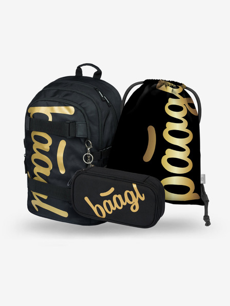 BAAGL  Черен училищен комплект - раница, моливник и чанта Baagl Skate Gold