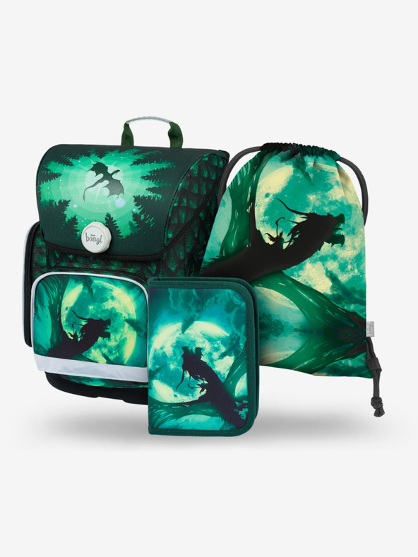 BAAGL  Зелен училищен комплект Ergo - куфарче, моливник, чанта Baagl Dragon