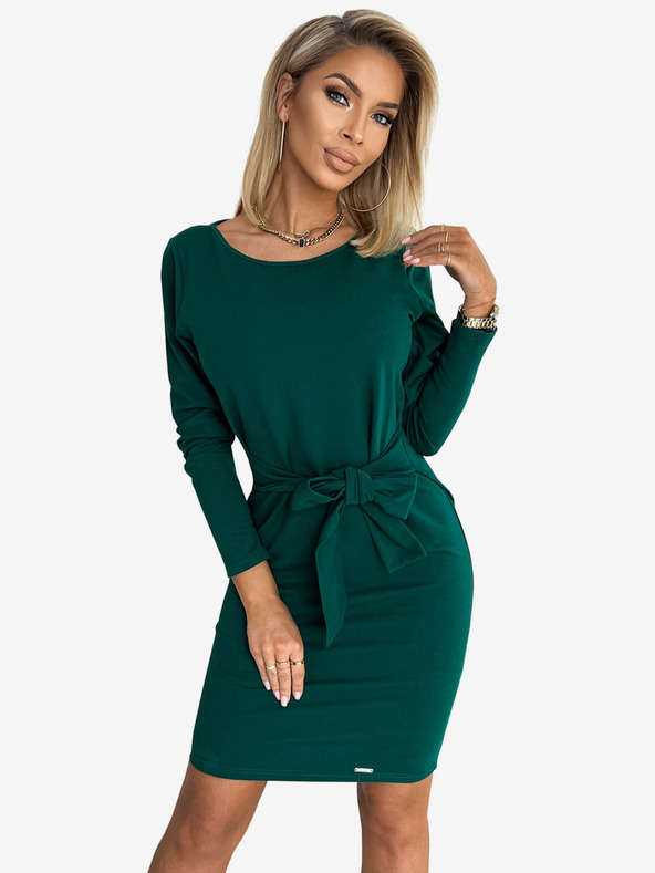numoco Рокля с дълъг ръкав и завързана талия - зелена Numoco