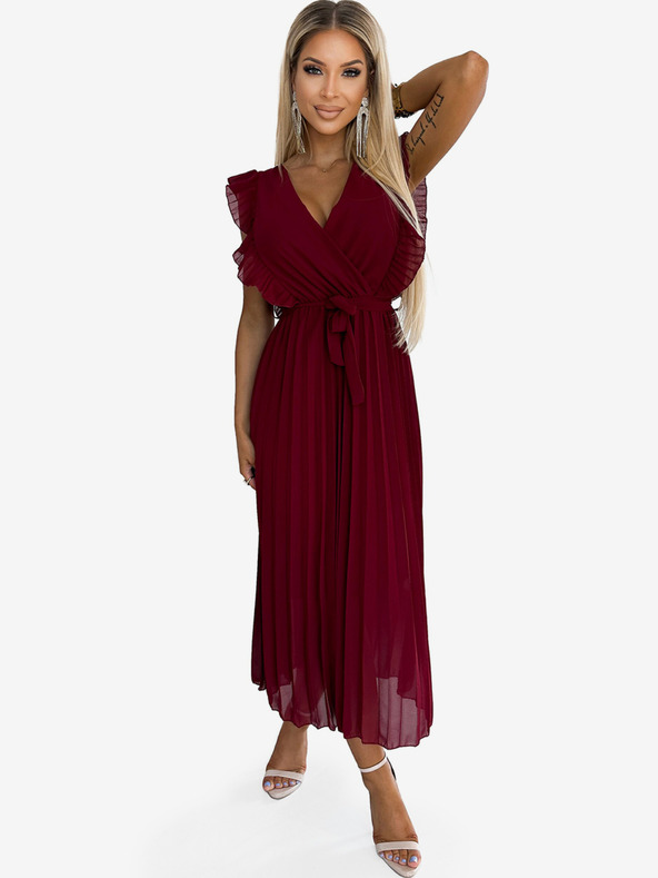 numoco Плисирана рокля с волани, деколте и колан - бордо Numoco