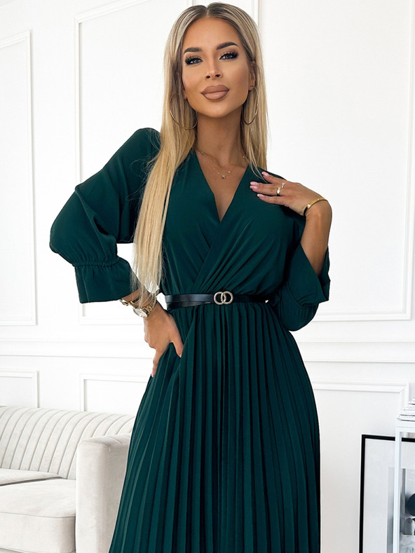 numoco SERENA Макси рокля с колан и 3/4 ръкав, с дълбоко деколте - зелена Numoco