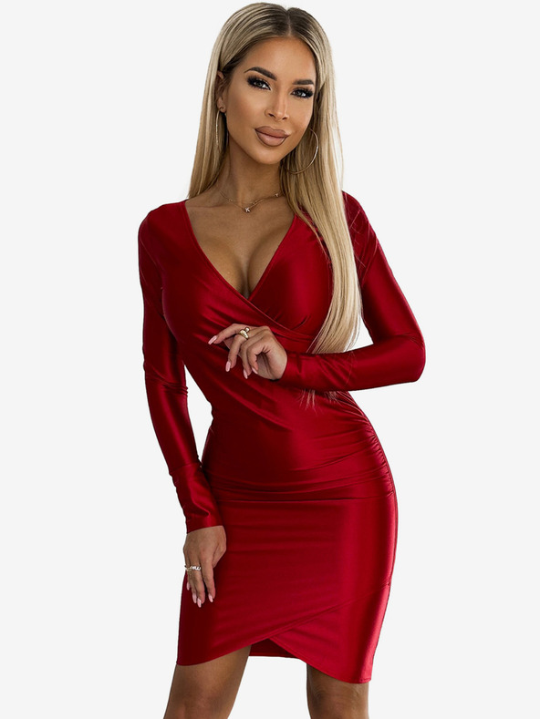 numoco Сатенена рокля с дълъг ръкав и деколте тип "молив", с дълги ръкави - червена Numoco