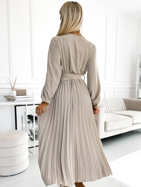 numoco VIVIANA Плисирана миди рокля със сърцевидно деколте, дълги ръкави и широк колан - бежова Numoco