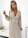 numoco VIVIANA Плисирана миди рокля със сърцевидно деколте, дълги ръкави и широк колан - бежова Numoco