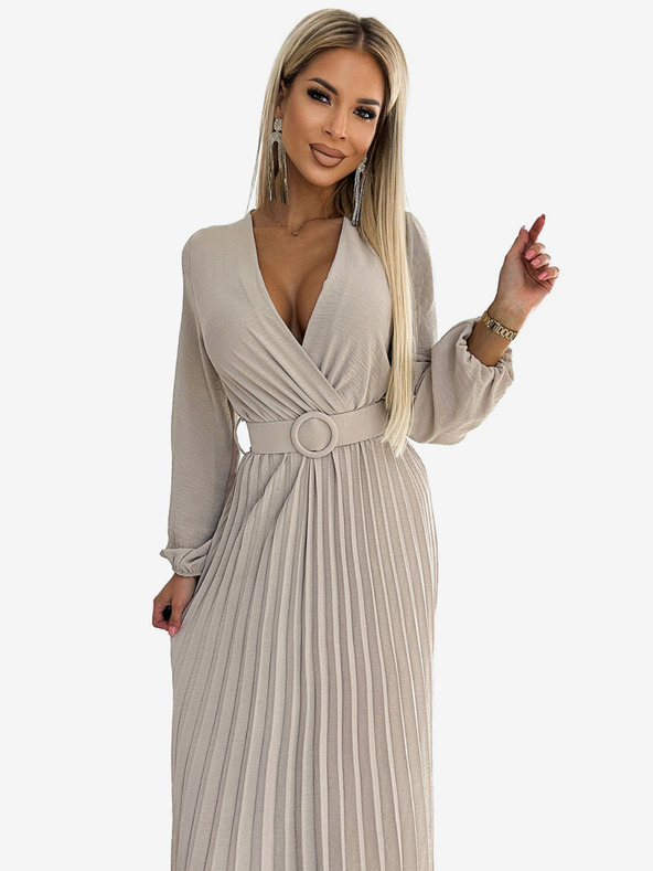 numoco VIVIANA Плисирана миди рокля със сърцевидно деколте, дълги ръкави и широк колан - бежова Numoco