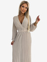 numoco VIVIANA Плисирана миди рокля със сърцевидно деколте, дълги ръкави и широк колан - бежова Numoco