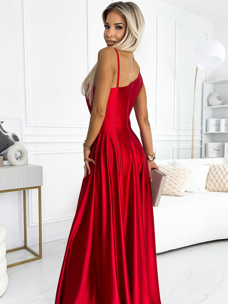 numoco Елегантна дълга сатенена рокля с едно рамо - червена Numoco