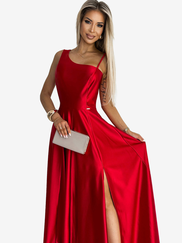 numoco Елегантна дълга сатенена рокля с едно рамо - червена Numoco