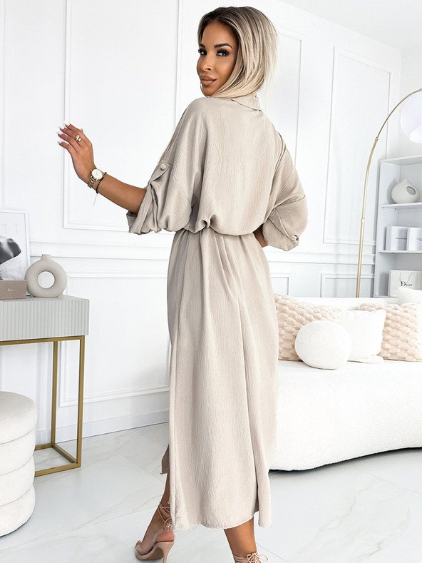 numoco Миди рокля с риза, златни копчета и връзки - бежова Numoco