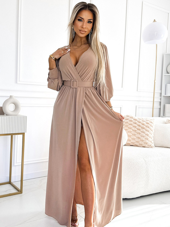 numoco FIORELLA Дълга рокля с широк колан и деколте - бежова Numoco