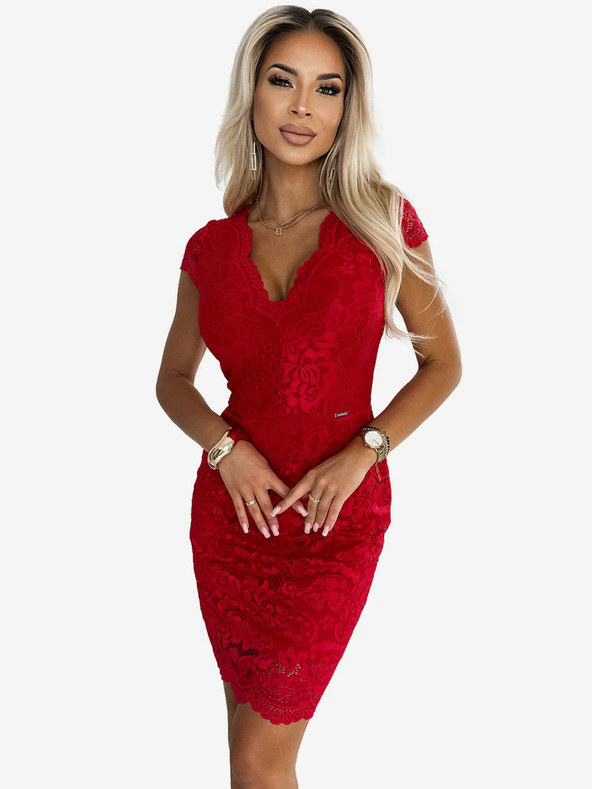 numoco Дантелена рокля с къс ръкав и сладко деколте - червена Numoco