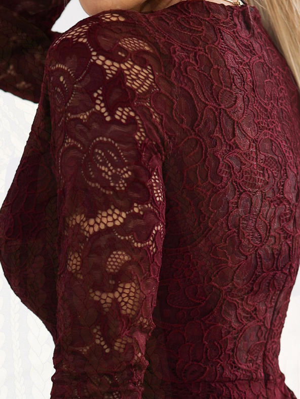 numoco Дантелена рокля с дълги ръкави и деколте - тъмно бордо Numoco