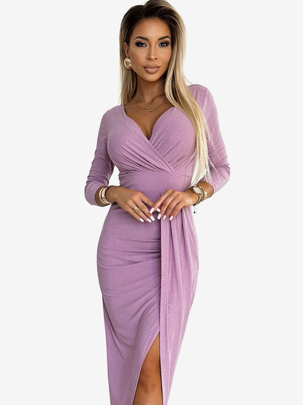 numoco Блестяща рокля с деколте и разрез на крачолите - мръснорозова с брокат Numoco