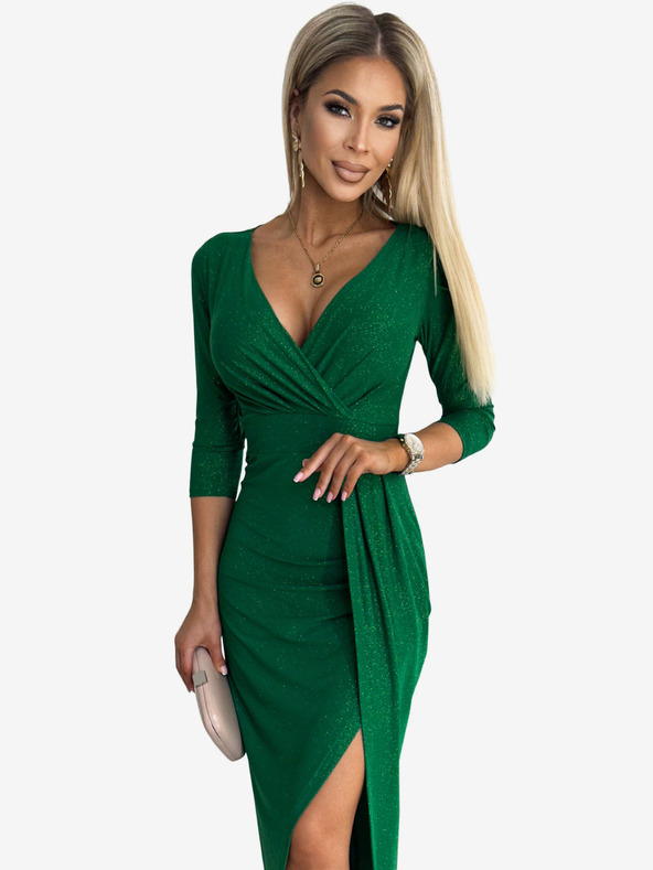 numoco Рокля с брокат, изрязано деколте и разкрояване на крачолите - зелена Numoco