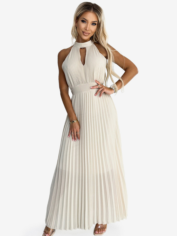 numoco Плисирана миди рокля с падащо деколте - бежово Numoco